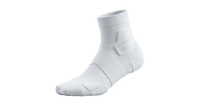 White AGON Performance 1 sock with integrated ankle wrap and padded ankle bone and toe zones